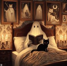 a black cat sitting on top of a bed next to a ghost reading a book