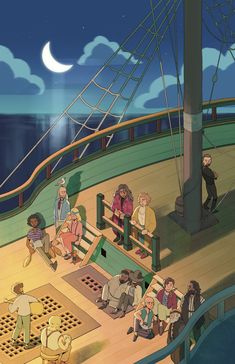 an animated scene of people sitting on benches at the deck of a ship, looking out to sea