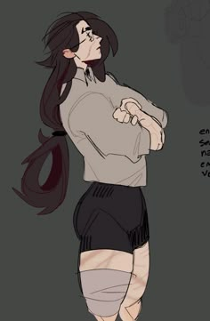 a drawing of a woman with long hair and black shorts, standing in front of a gray background