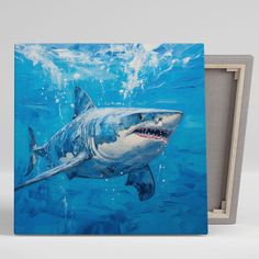 a painting of a great white shark swimming in the blue water with its mouth open