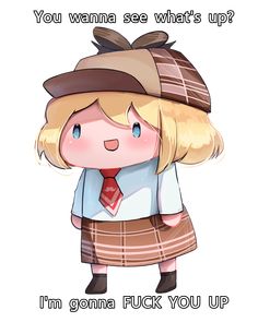 a cartoon girl with blonde hair wearing a brown hat and plaid skirt, standing in front of a white background