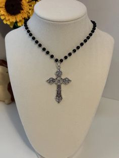 Black Beaded Choker Necklace With Silver Cross Pendant Charm Vintage Gothic New | eBay Diy Black Necklace, Black Beaded Cross Necklace, Goth Cross Necklace, Diy Cross Necklace, Christmas Reference, Large Cross Necklace, Gothic Cross Necklace, Jewelry Cross Necklace, Beaded Cross Necklace