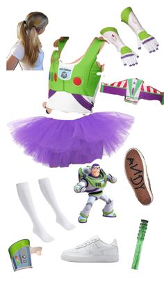 the buzz lightyear costume is being displayed with other items including shoes, socks and accessories