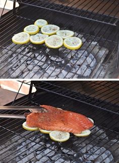 there are lemons and fish cooking on the grill