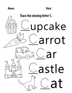 the letter c is for cupcake, carrot and an castle at once coloring page