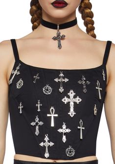 are gonna bring 'em to their knees. Find your new religion in this top that has structured boning, a back lace-up design, adjustable shoulder straps, dangling cross charms, a cropped fit, and a side zipper closure. Dollskill Outfits, Idol Worship, Black Doll, Cross Charms, Rave Outfits, Dolls Kill, Gothic Fashion, Corset Top, Concert Outfit