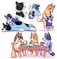 some dogs are sitting at a table and one is holding a coffee cup while the other has