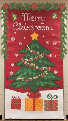 a classroom door decorated with christmas trees and presents