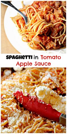 spaghetti in tomato sauce and an apple sauce