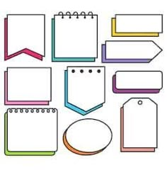 a set of various blank notepads and tags for notes or notebooks on a white background