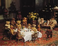 a group of teddy bears sitting around a table