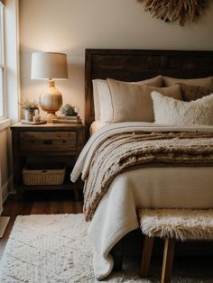 a bedroom with a bed, nightstand and window