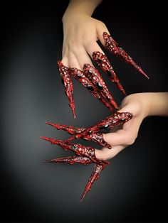 Spectacular red and black filigree finger claws, decorated with rhinestones. Their bloody gothic style will be a great addition to any look for a goth party, cosplay, summer festival, Burning Man, Halloween. Great props for a photo shoot. You can use them for photography, makeup or as part of a Halloween costume. 100% designed and handmade by our designers ( SETA Design studio in Kyiv).  It will be securely packed in a box. Feel free to contact us if you have any questions.   We accept return. C Finger Claws, Glamour Costumes, Goth Party, Halloween Sugar Skull, Jewelry Nails, Nails Jewelry, Gothic Party, Mermaid Outfit, Fantasy Props