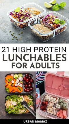 two lunch boxes filled with food and the words, high protein lunchables for adults