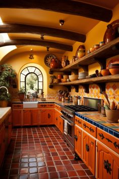 a kitchen with orange cabinets and tile flooring is pictured in this image, there are many pots on the shelves above the stove