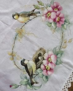 a table cloth with flowers and birds on it