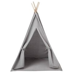 a gray teepee with two sticks sticking out of it