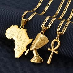 Set of 3 Initials - map of Africa - Ankh cross and Queen Nefertiti pendant necklacesThis pendant necklace is UNISEX; for both men and Women. Metal type : Stainless Steel Nefertiti Pendant, Nefertiti Necklace, Africa Necklace, Egyptian Queen Nefertiti, Ankh Necklace, Ankh Cross, Three Necklaces, Queen Nefertiti, Chain And Pendant