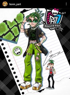 an anime character with green hair standing next to another character in front of a notepad