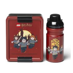 a red lunch box with harry potter characters on it and an insulated container for the lid