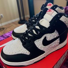 All Sizes Available Custom Dunks High, Custom Nike Dunks, Sneakerball Outfits Women, Sneakerball Party Outfits, Sneakerball Party, Custom Nike Dunk, Quinceanera Winter Wonderland, Nike Shoes Custom, Cute Casual Shoes