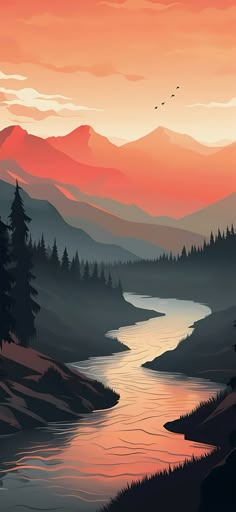 a river flowing through a lush green forest under a red sky at sunset with mountains in the distance