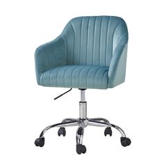 a blue office chair with wheels and casteors