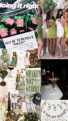 collage of photos with women in green and white outfits, balloons, signs, and pictures