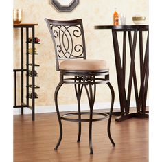 an image of a bar stool in the middle of a room with a mirror on the wall