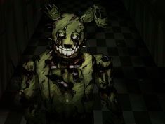 an animated image of a creepy creature in a dark room with checkered flooring