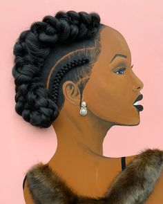 a painting of a woman's head with braids and earrings on her neck