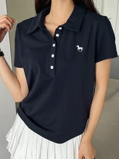 Women's Summer Unicorn Print Polo Collar Short Sleeve Casual T-Shirt Navy Blue Casual  Short Sleeve Knitted Fabric Animal  Slight Stretch  Women Clothing, size features are:Bust: ,Length: ,Sleeve Length: Polo Women Shirt, Polo Women Outfit, Womens Polo Shirt Outfit, Polo T Shirts Women, Polo Shirt Outfit Women's, Polo Outfits For Women, Polo Shirt Outfit, Polo Shirt Outfits, Polo Outfit