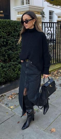 Chic Denim Jacket Outfit, Brunch Autumn Outfit, Black Skirt Denim Shirt, Easy Dinner Outfits Winter, Elevated Edgy Outfits, Skirt And Doc Martens Outfit Fall, Winter Jeans And Boots Outfits, All Black Outfit Dressy Classy, Chic Denim Skirt Outfit