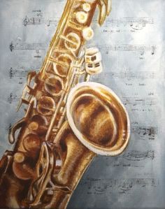 a painting of a saxophone on sheet music