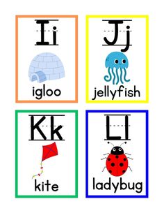 four different alphabets with pictures of animals and letters that spell out the letter j