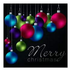 christmas balls hanging from strings on a black background with merry lettering in the center and below