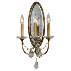 from Annapolis Lighting, Murray Feiss Valentina Collection, oxidized bronze (lighter finish), small antiqued mirror; 3 lights; 10 1/2" wide x 19" high, simple with a little bit of draping crystals. Bronze Sconces, Bathroom Light, Dimmable Lamp, Candle Styling, Wall Candles, Candelabra Bulbs