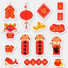 the chinese new year stickers are arranged in various shapes and sizes, with different symbols