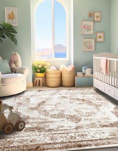 a baby's room with a crib, rocking chair and large window