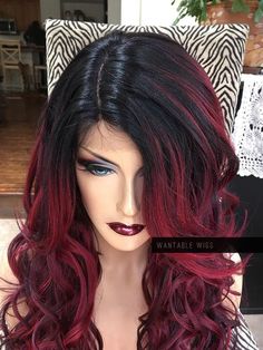 Red Roots Black Hair Wig, Burgundy Hair Black Roots, Dark Red Ombre Hair, Black Roots Red Hair, Dark Red Ombre, Swamp Witch, Winter Hair Trends, Curly Cut, Ombre Burgundy