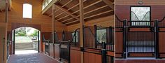 the inside of a stable with wooden walls and doors