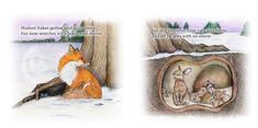 two pictures of animals in the snow one has a fox and another is a rabbit