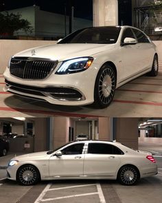 two pictures of the same white car parked in a parking lot