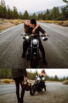 two people sitting on a motorcycle in the road