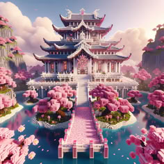 a large building with pink flowers in the foreground and clouds in the sky above it