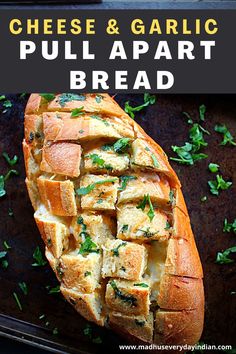 a close up of bread with cheese and garlic on it