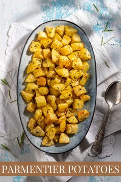 Parmentier potatoes in an oval dish on white napkins. Parmentier Potatoes, Roasted Mini Potatoes, Potato Cubes, French Potatoes, Potatoes Roasted, Mini Potatoes, Gluten Free Potatoes, Potato Sides