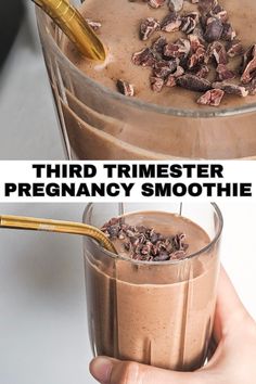 there are two glasses with different types of smoothies in them and the words third timester pregancy smoothie