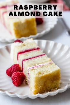 raspberry almond cake on a white plate with raspberries