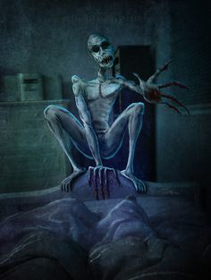 a creepy skeleton sitting on top of a bed in a dark room with his arms outstretched